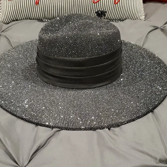Chic Black Sequin Wide-Brim Hat with Floral Accent 